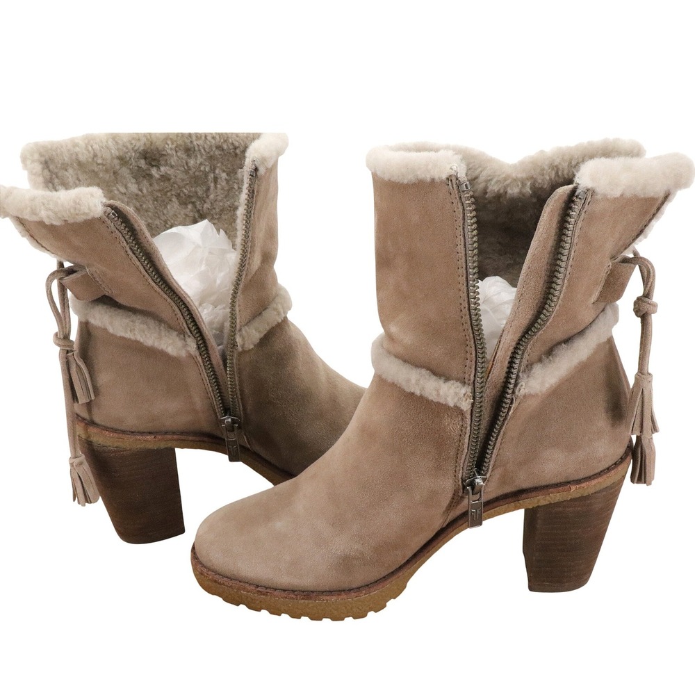 FRYE Jen Shearling Suede Ankle Boots Taupe Tassel Block Heel Women's 7 - Picture 7 of 11